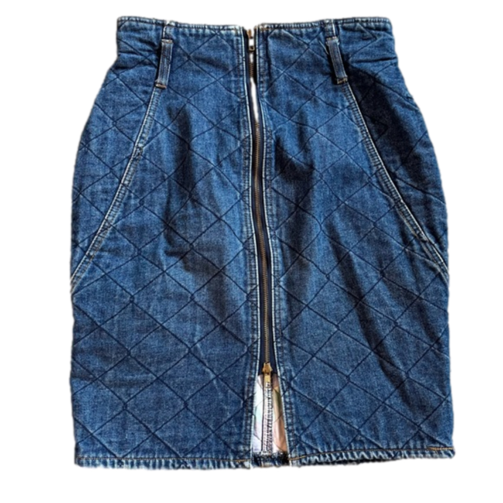 Quilted Blue Denim Zip-Front Skirt